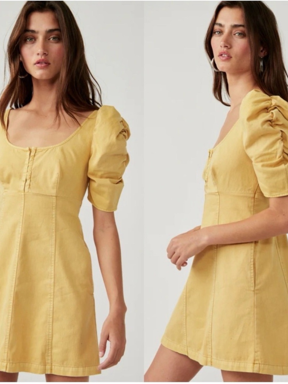 Free People Mustard Yellow Puff-Sleeve Mini Dress